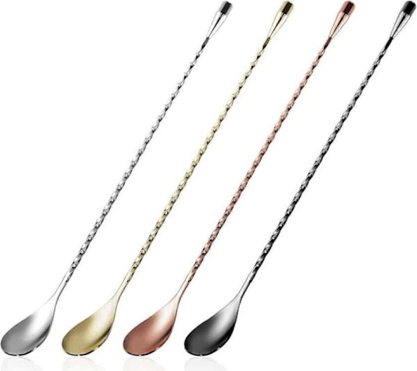 Bilde av Cocktail-skje i rustfritt stål, langskaftet barskje med spiralmønster, profesjonelle cocktailrørepinner 30 cm 4 stk (4 farger)