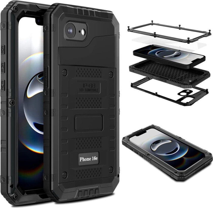 IP68 vanntett deksel til iPhone 16e metall + silikon med skjermbeskytter