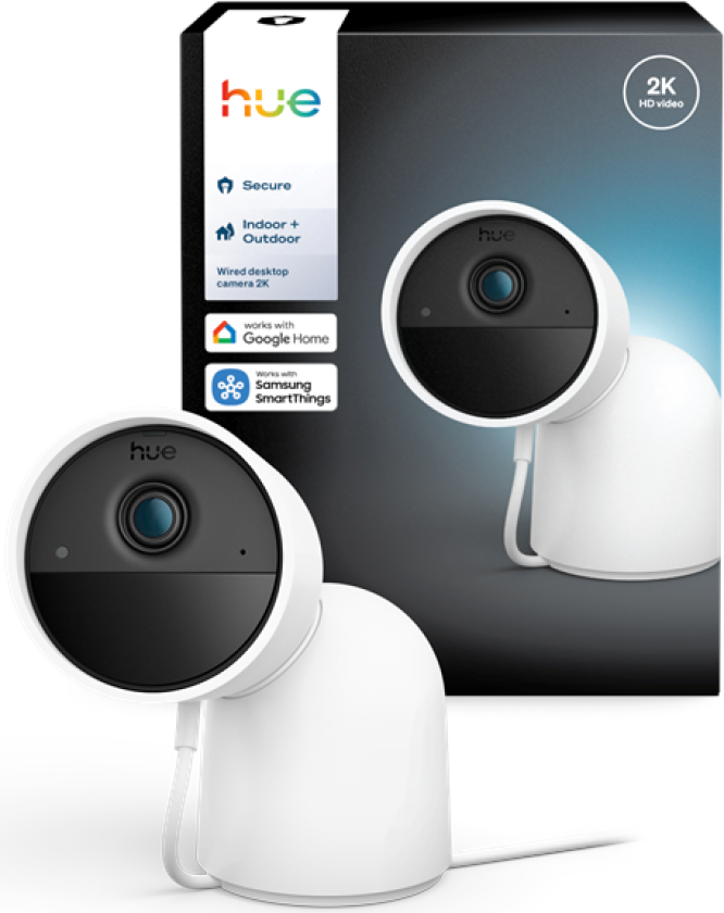 Hue Secure-kamera 2K med ledning og skrivebordsstativ - hvit