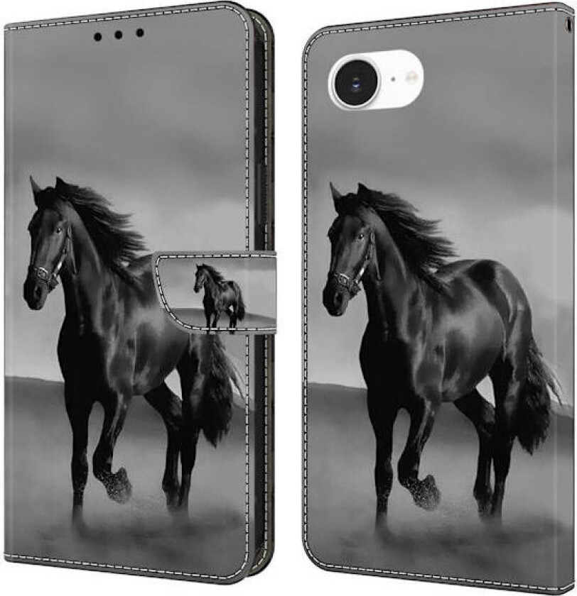 iPhone 16e-etui med magnetisk lås 3D-mønster Lærlommebok telefondeksel - Svart Hest