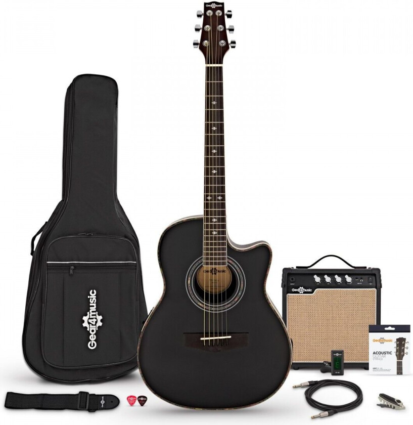 Gear4Music Roundback Elektroakustisk Gitar + 15W Forsterkerpakke Svart