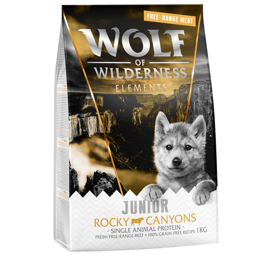 1 kg Wolf of Wilderness hundefôr til spesialpris! - JUNIOR Rocky Canyons - Frittgående storfe (Monoprotein)
