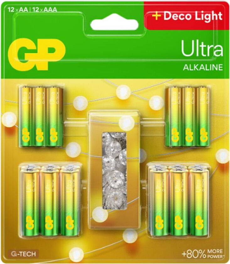 GP Ultra Alkaline 12 stk. AA-batterier + 12 stk. AAA-batterier + 2 m lyslenke