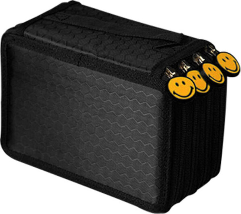 Svart pennal med 4 rom som holder 72 penner