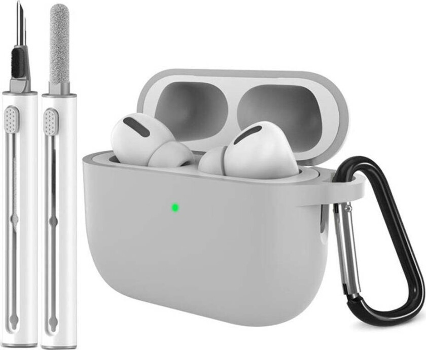 Apple AirPods Pro (3. gen.) Silikon Deksel m. Karabinkrok & Rengjøringspenn - Grey