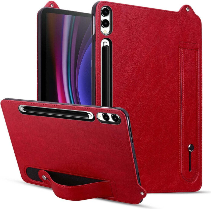 Samsung Galaxy Tab S11 Ultra Hard Plastdeksel i Kunstskinn med Håndtak - Rød