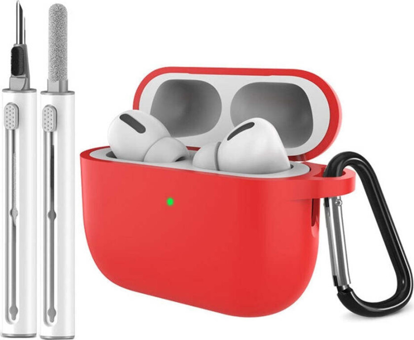 Apple AirPods Pro (3. gen.) Silikon Deksel m. Karabinkrok & Rengjøringspenn - Red