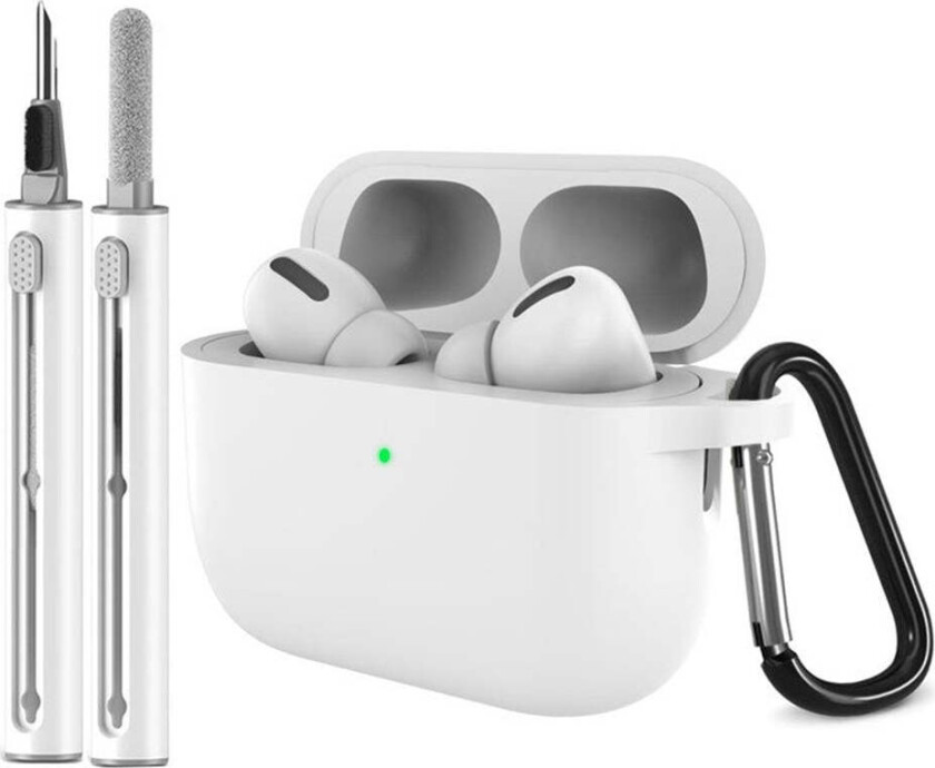 Apple AirPods Pro (3. gen.) Silikon Deksel m. Karabinkrok & Rengjøringspenn - White