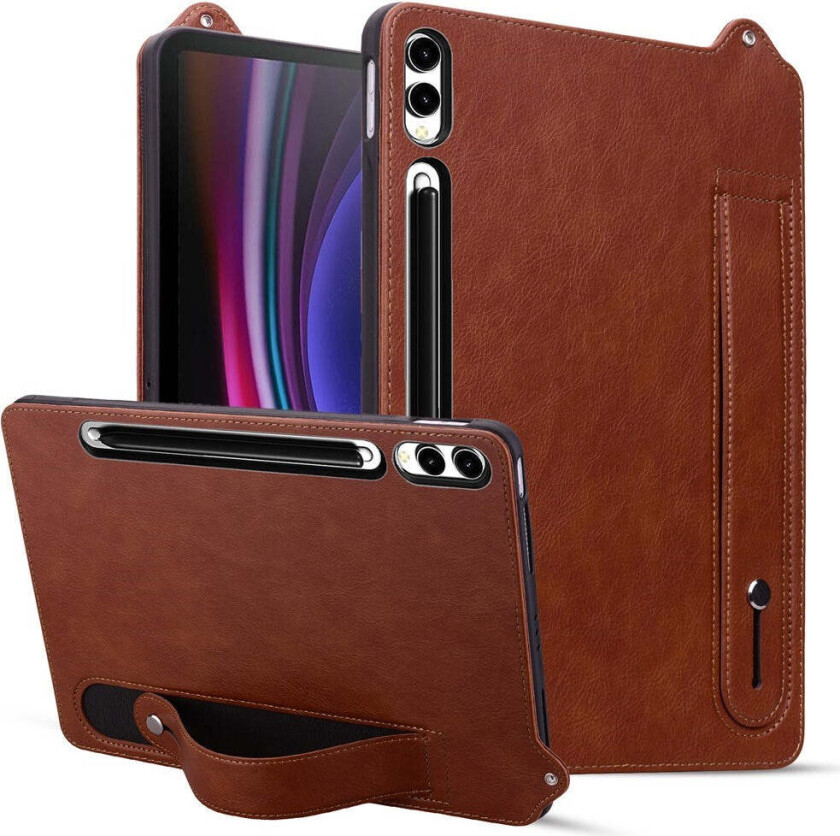 Samsung Galaxy Tab S11 Ultra Hard Plastdeksel i Kunstskinn med Håndtak - Brun