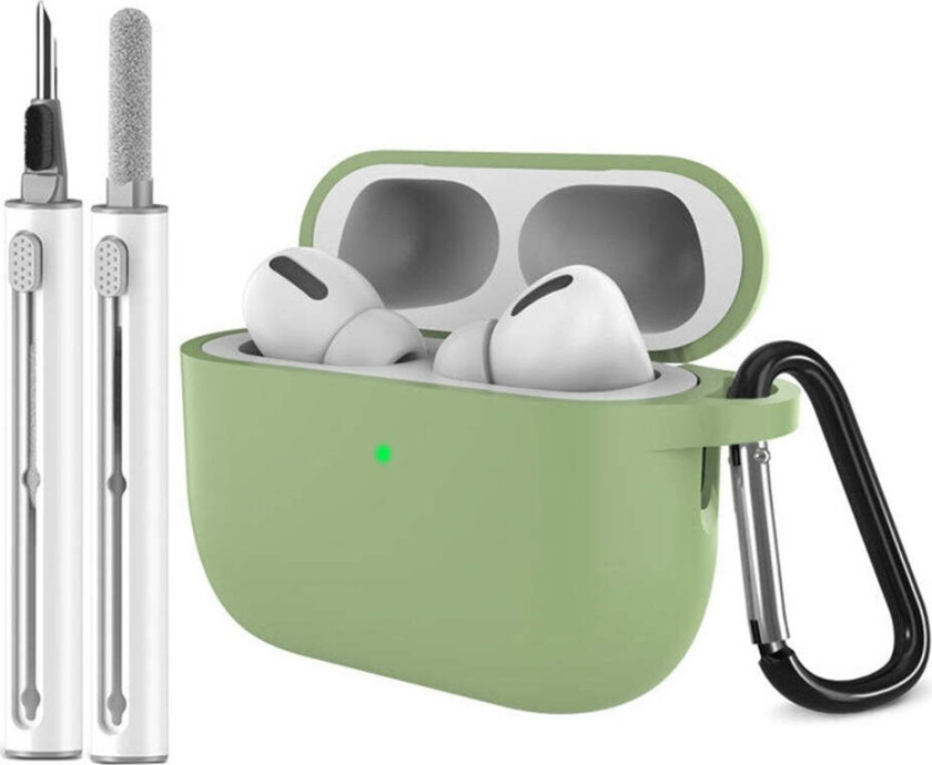 Apple AirPods Pro (3. gen.) Silikon Deksel m. Karabinkrok & Rengjøringspenn - Matcha Green