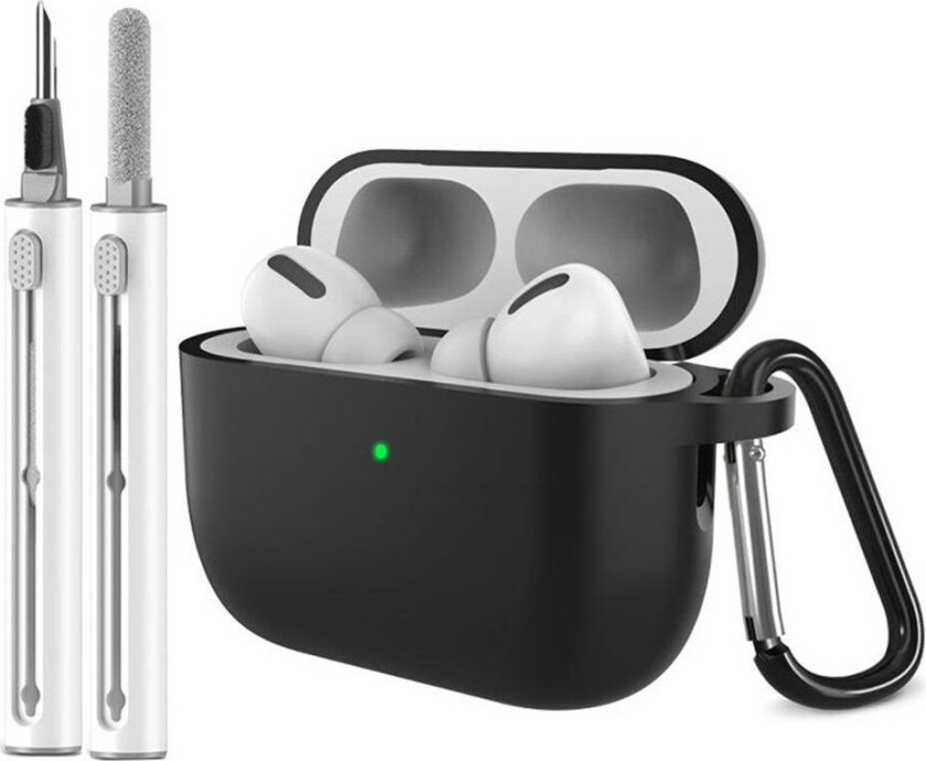 Apple AirPods Pro (3. gen.) Silikon Deksel m. Karabinkrok & Rengjøringspenn - Black