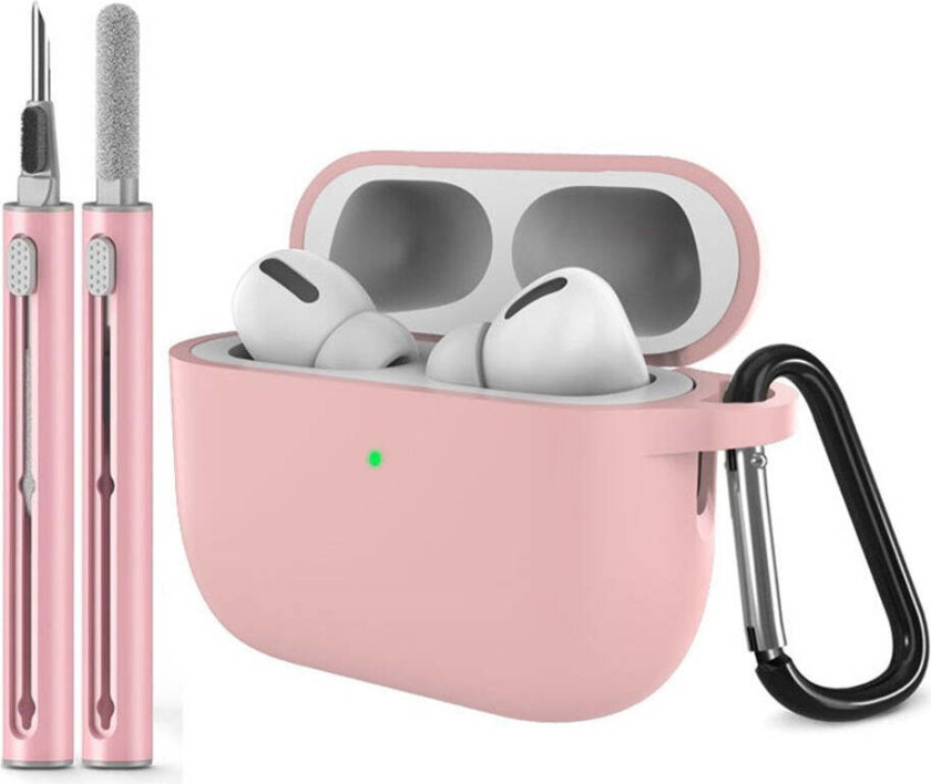 Apple AirPods Pro (3. gen.) Silikon Deksel m. Karabinkrok & Rengjøringspenn - Pink