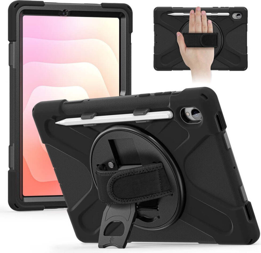 Samsung Galaxy Tab S11 Støtsikkert Deksel med 360 Graders Roterbar Støtte & Borrelåsstropp - Svart