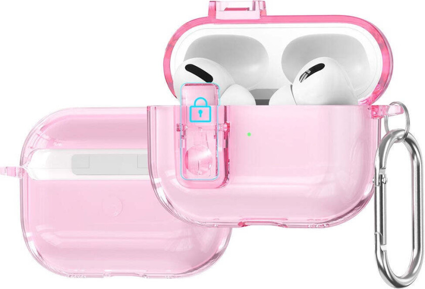 Apple AirPods Pro (3. gen.) Hybrid Plast Deksel m. Karabinkrok - Gjennomsiktig Glitter / Rosa
