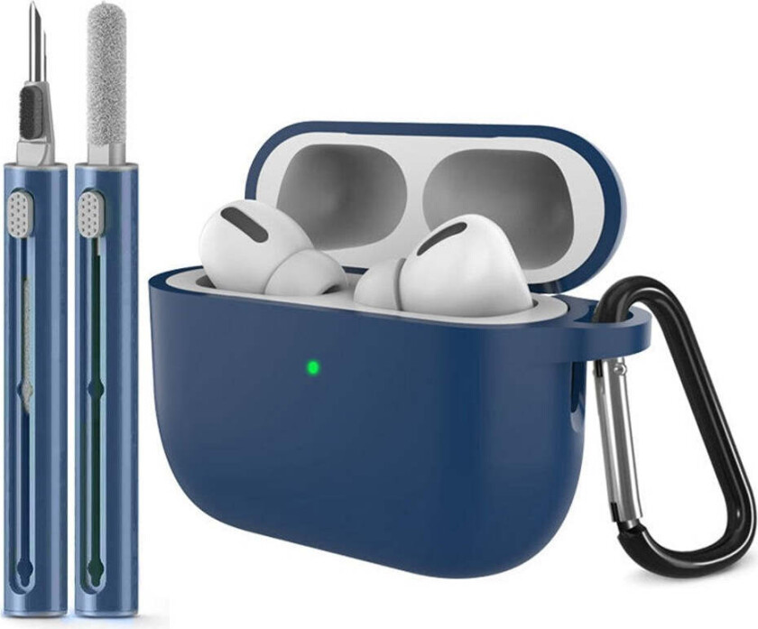 Apple AirPods Pro (3. gen.) Silikon Deksel m. Karabinkrok & Rengjøringspenn - Midnight Blue