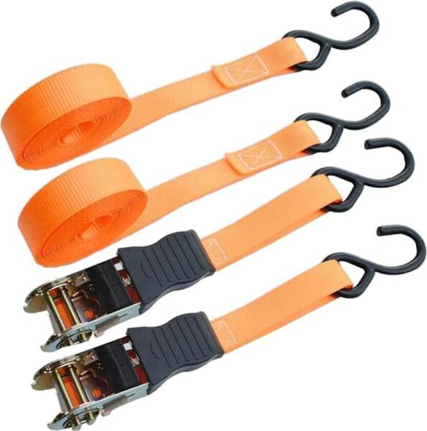 800kg Jekkestropp - Pakke med 4 - 5m x 2.5cm - Krok og Strammer Inkludert - Ideell for Transport, Motorsykkel, Tilhenger - Pålitelig og Allsidig Festestropp