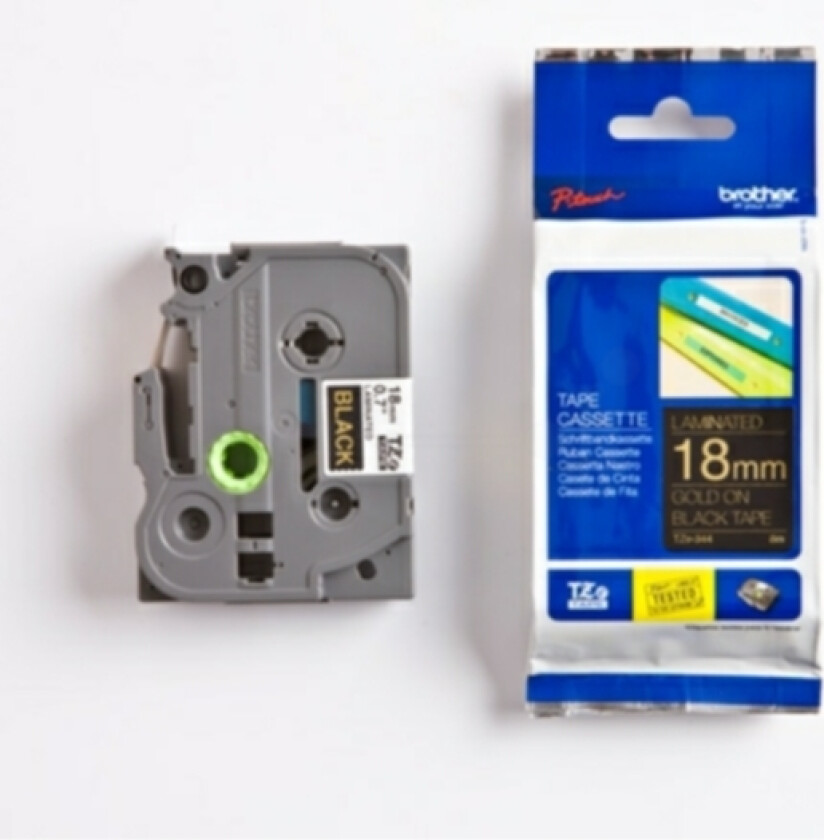 18 mm tape, gull tekst på svart, laminert, 8 m