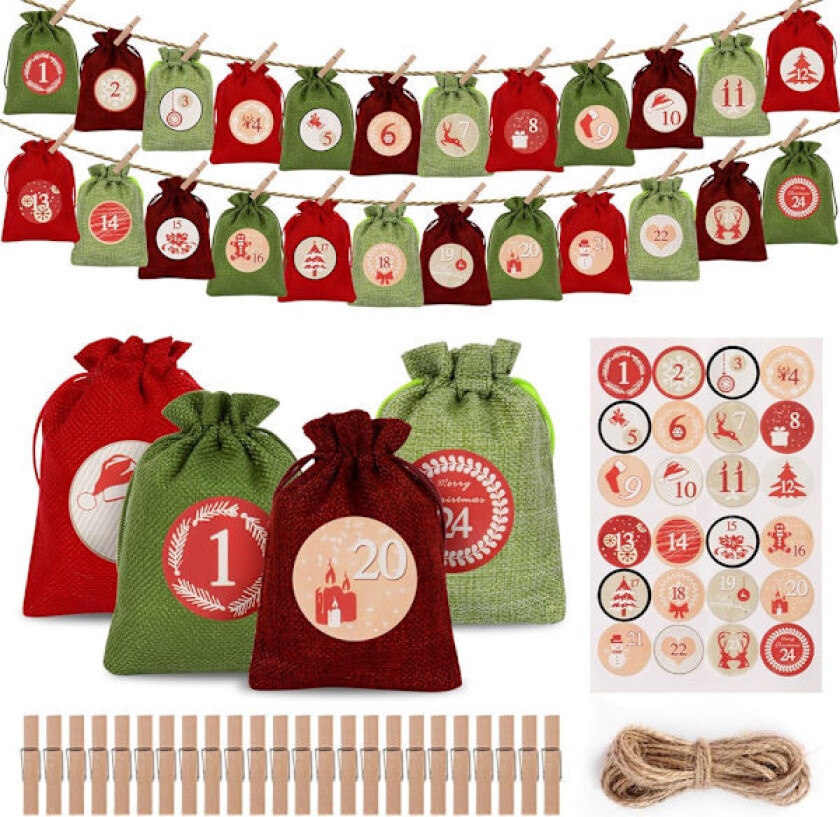 Adventkalenderpose, lintrekkpose, julekalender, julegodtepose, 24 nummer stoffpose