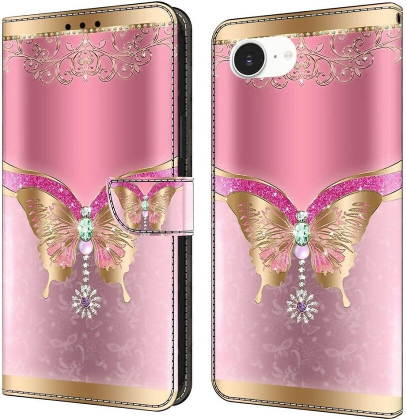 iPhone 16e-etui 3D-mønster Vegansk lær lommebok telefondeksel med stativ - Rosa / Sommerfugl I Gull