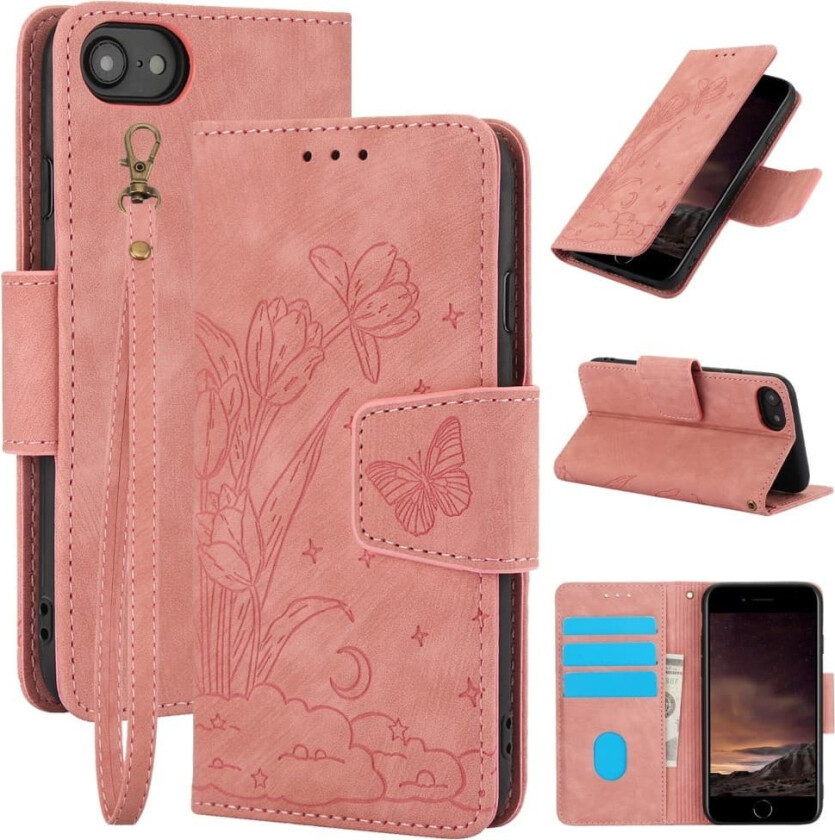 For iPhone 16e Etui Sommerfugl Blomst Ripebestandig Telefondeksel