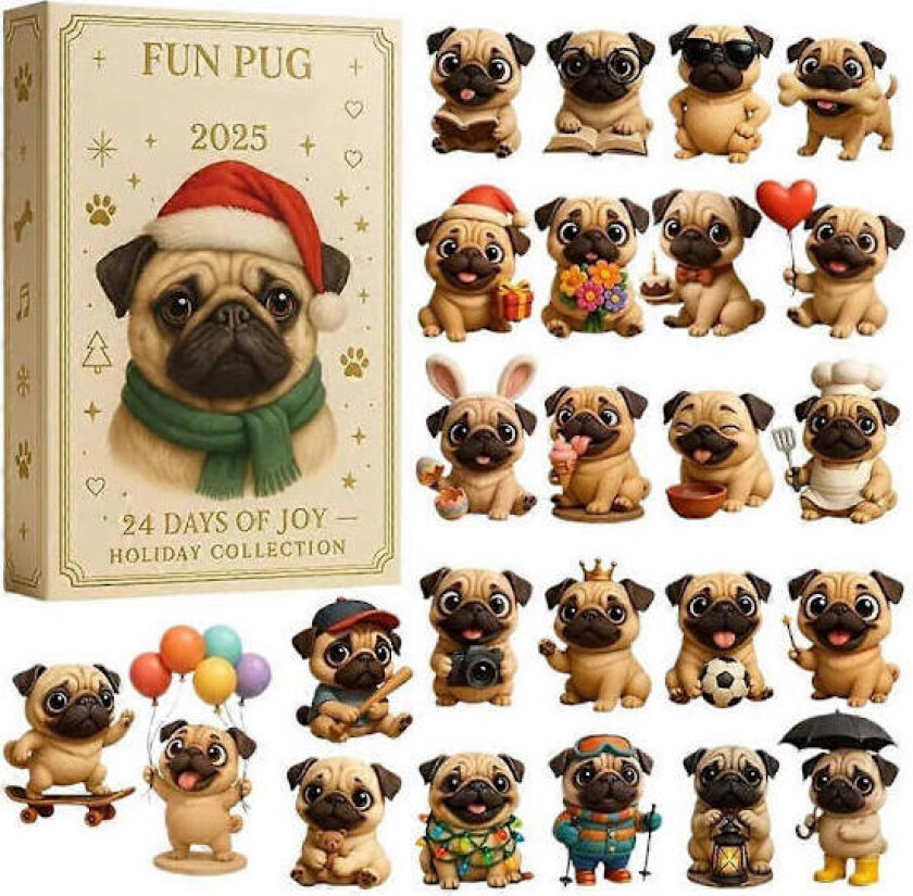 Julekalender 2025 24 Dager 2D Akryl Hund Juletre Dekorasjon Mops Tre Ornament Nedtellingskalender