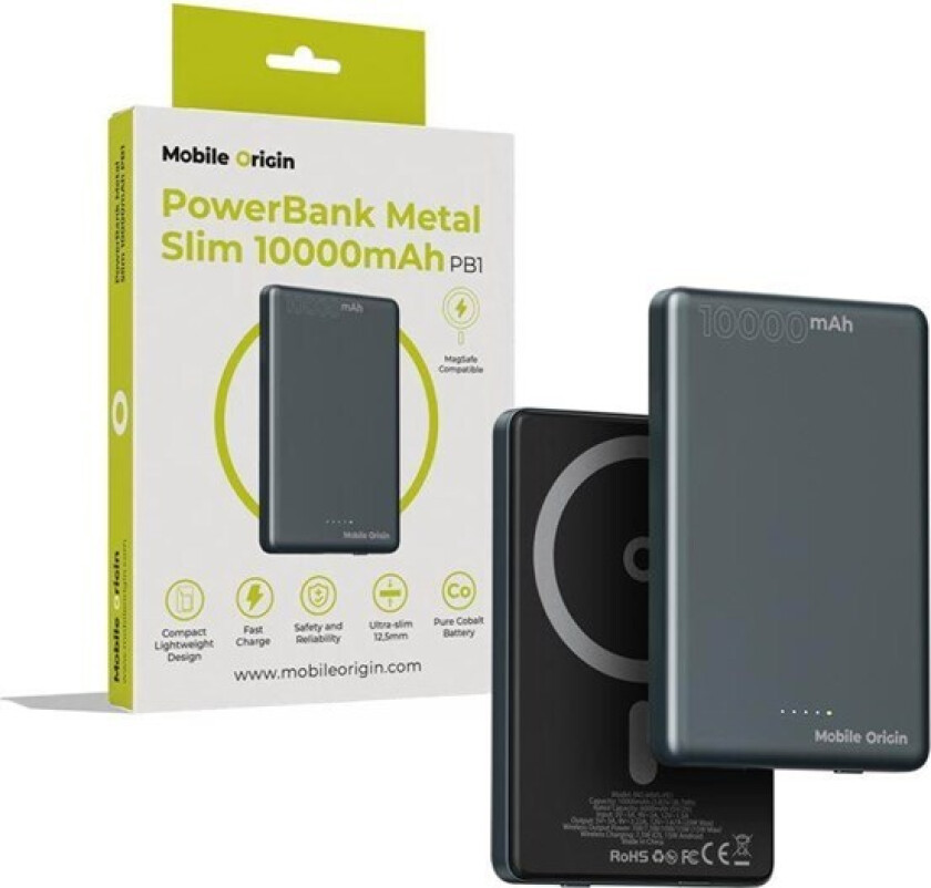 Powerbank Metal Slim 10000mAh PB1 Nødlader - Grey - 10000 mAh