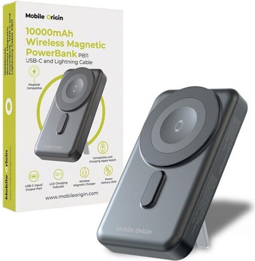Wireless Magnetic PowerBank 10000mAh USB-C and Lightning Cable PB11 Nødlader - Grey - 10000 mAh
