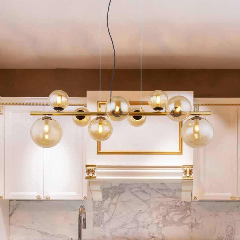 Hengelampe Riha, lengde 86 cm, messingfarget, rav, 9 lyskilder.