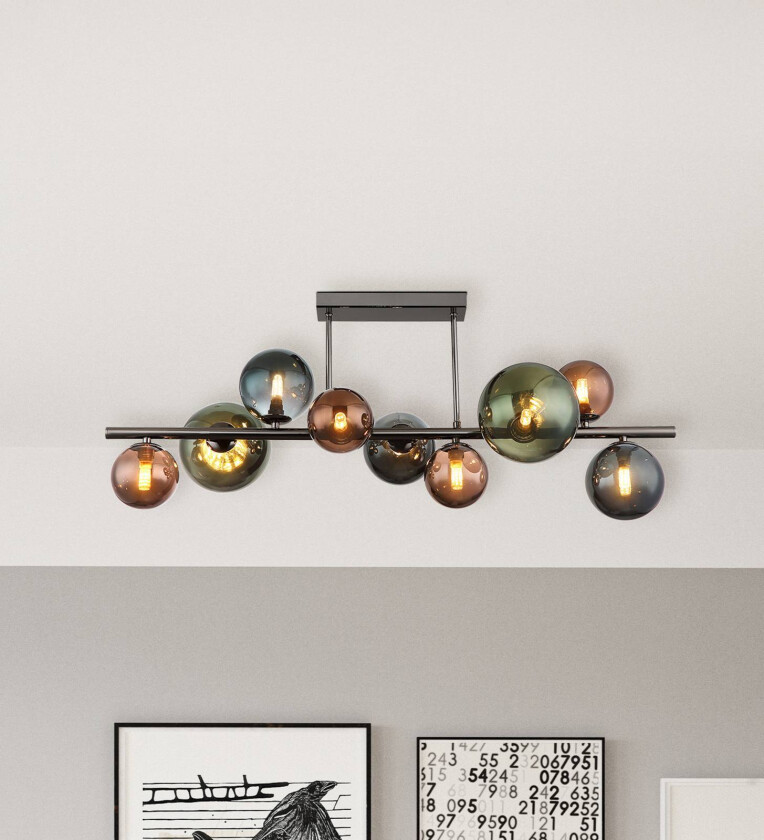 Taklampe Riha, lengde 87 cm, røykgrå/svart, 9 lyskilder.