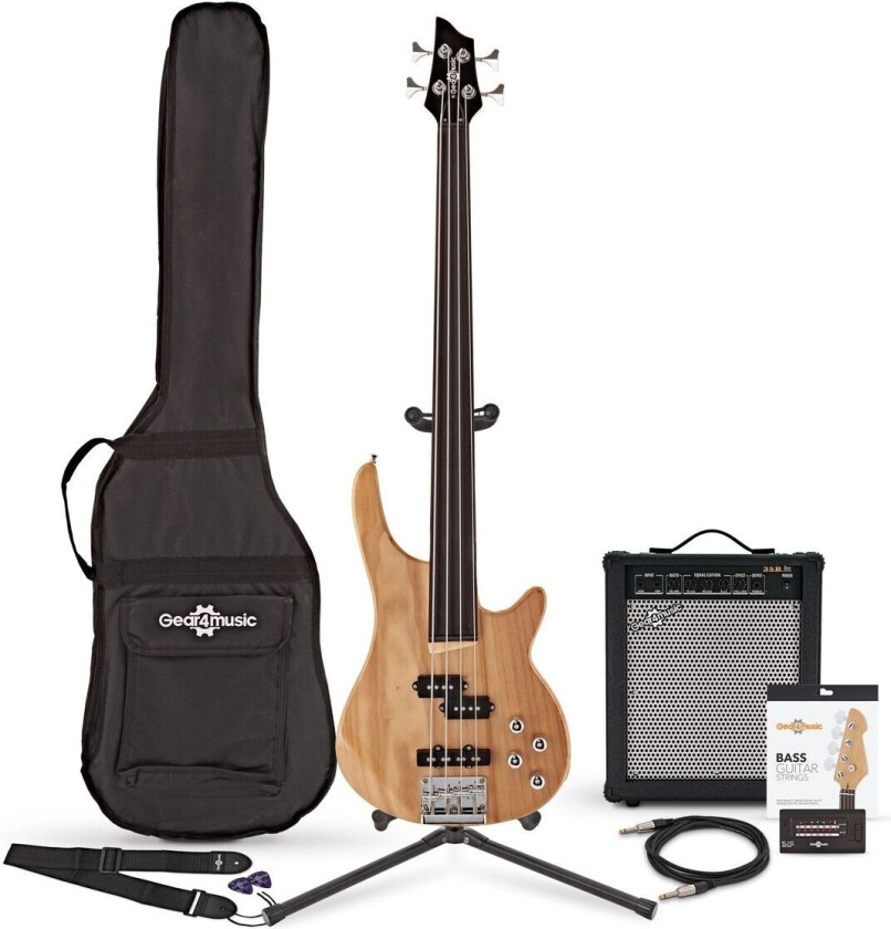 Gear4Music Chicago Fretless Bassgitar + 35W Forsterkerpakke fra Gear4music Natural