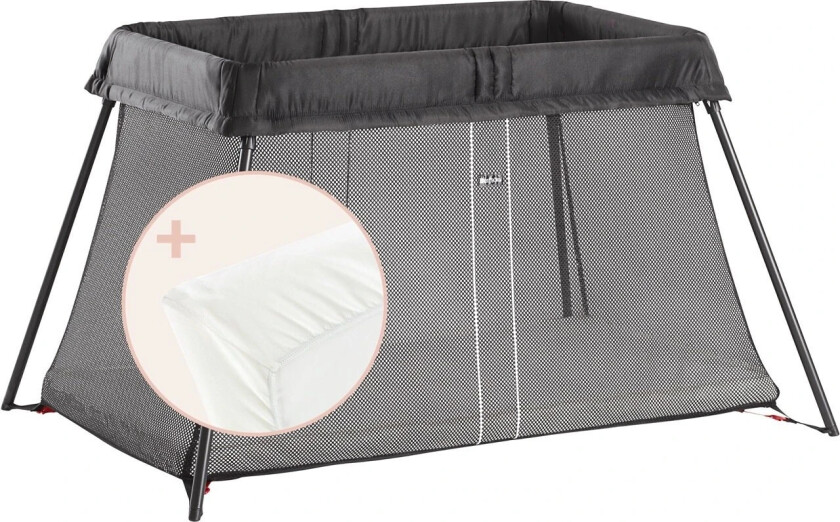 Travel Crib Light travel cot with sheet, Black/Cotton, White