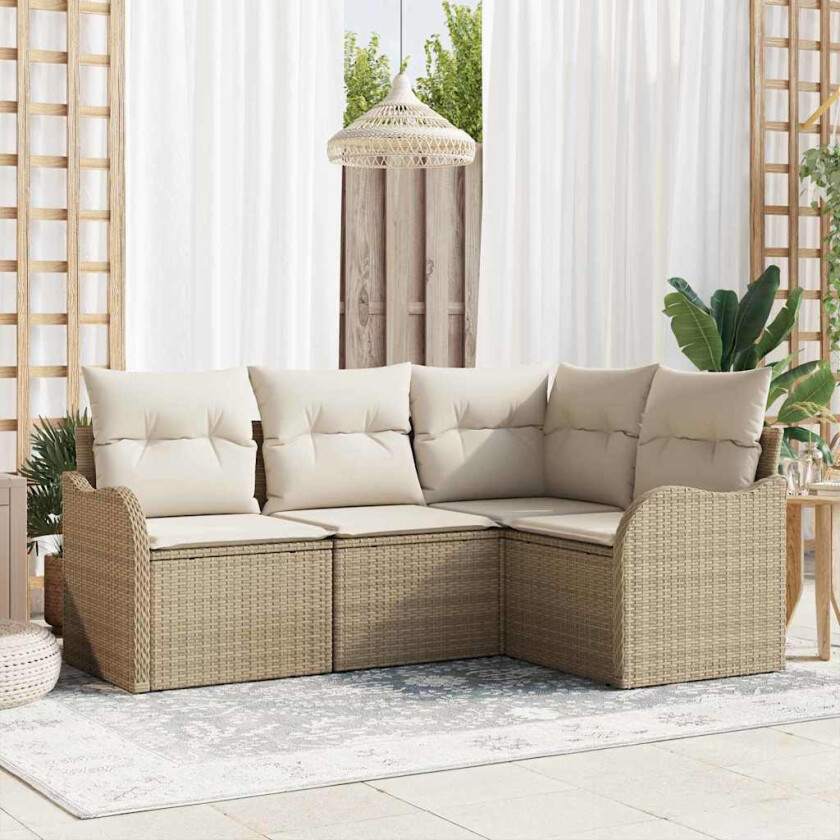4-delt Hagesofa Set med Puter Beige Poly Rottning, 2-seters Hagesofa med Puter Beige Poly Rottning