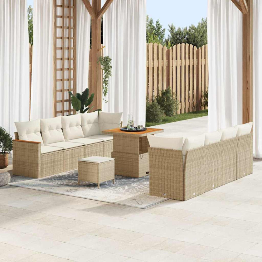 11 Delt Hage Sofagruppe med Puter Beige Poly Rattan Akasie, 3 Delt Hage Spisegruppe med Puter Beige Poly Rattan Akasie
