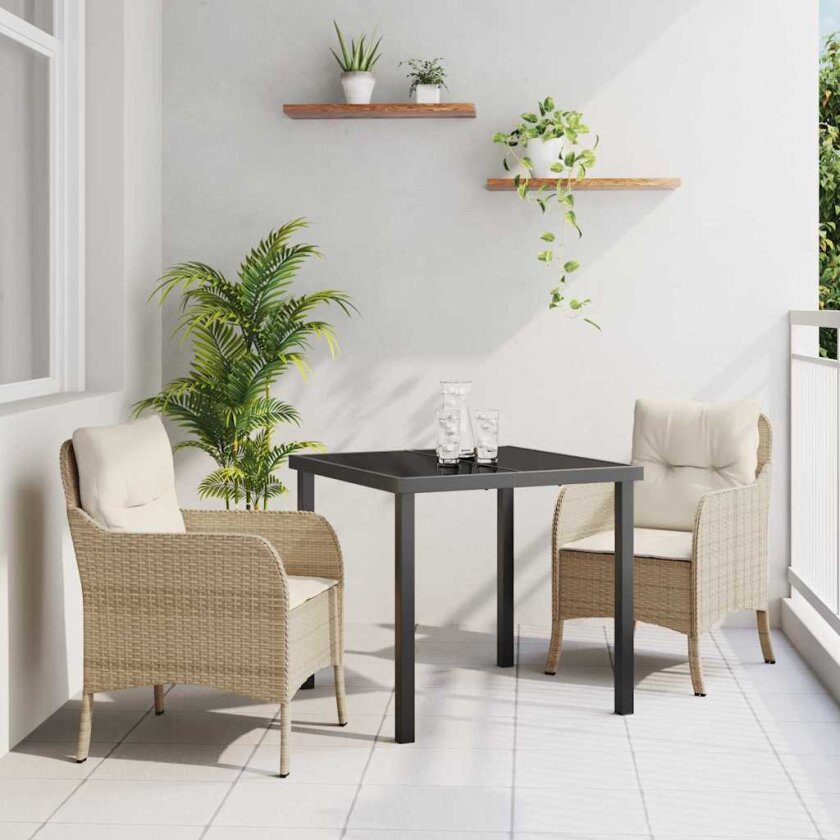 3-delt hage spisesett med puter beige poly rattan
