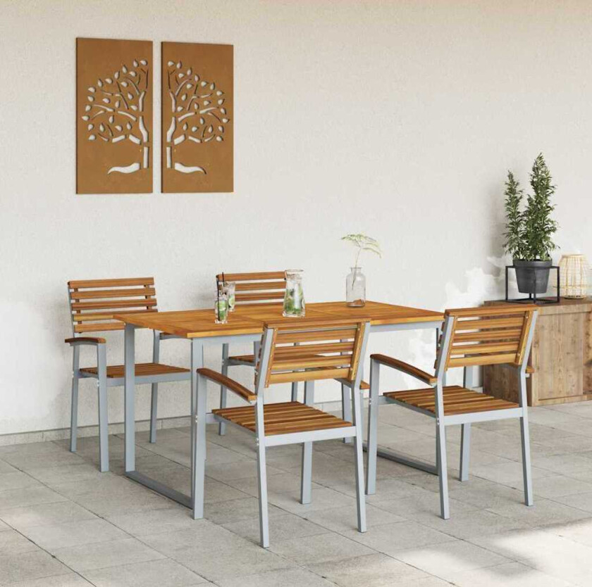 5-delers hage spisebordsett med solid akasietre og metall
