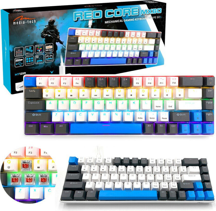 Red Core MX60 MT1259 Mekanisk Gaming Tastatur - 68 Taster, USB-C, RED-switche - Hvit