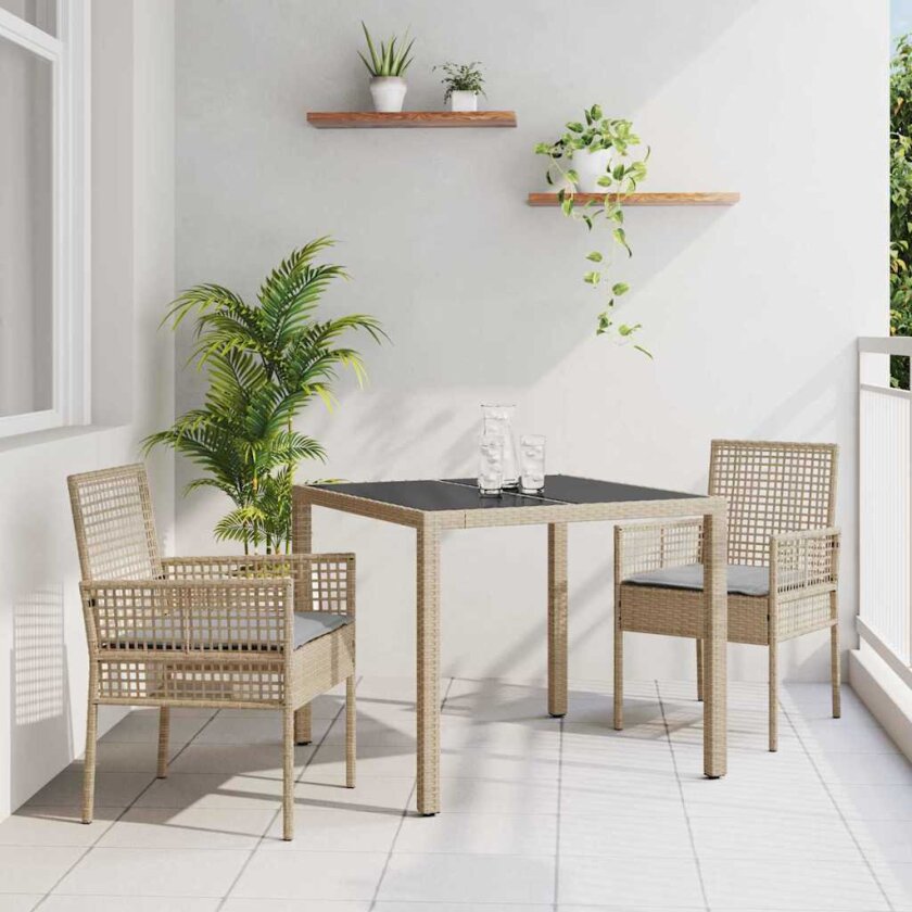 3 Delt Hage Spisebordsett med Puter Beige Poly Rattan