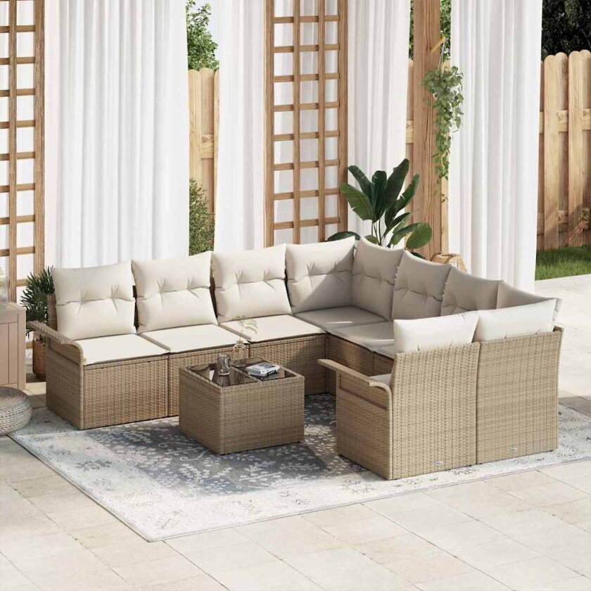 9-delt Hage Sofa Set med Puter Beige Poly Rattan
