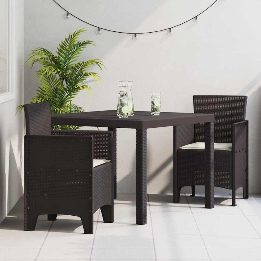 3-delt hage spisesett med puter Brun Poly Rattan