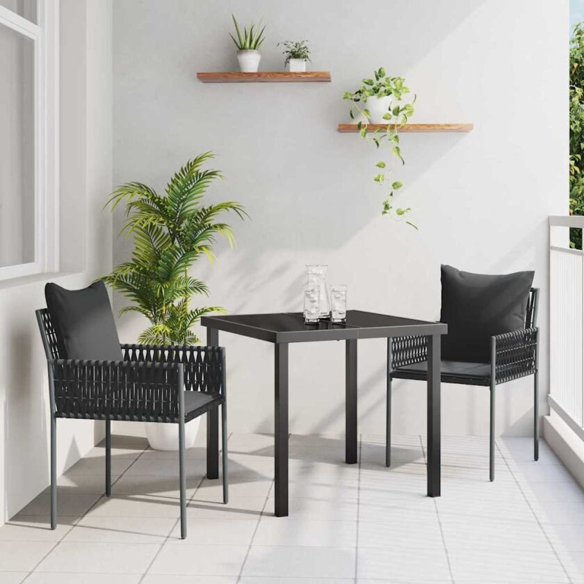 3-delt hage spisebord sett med puter svart polyrotting