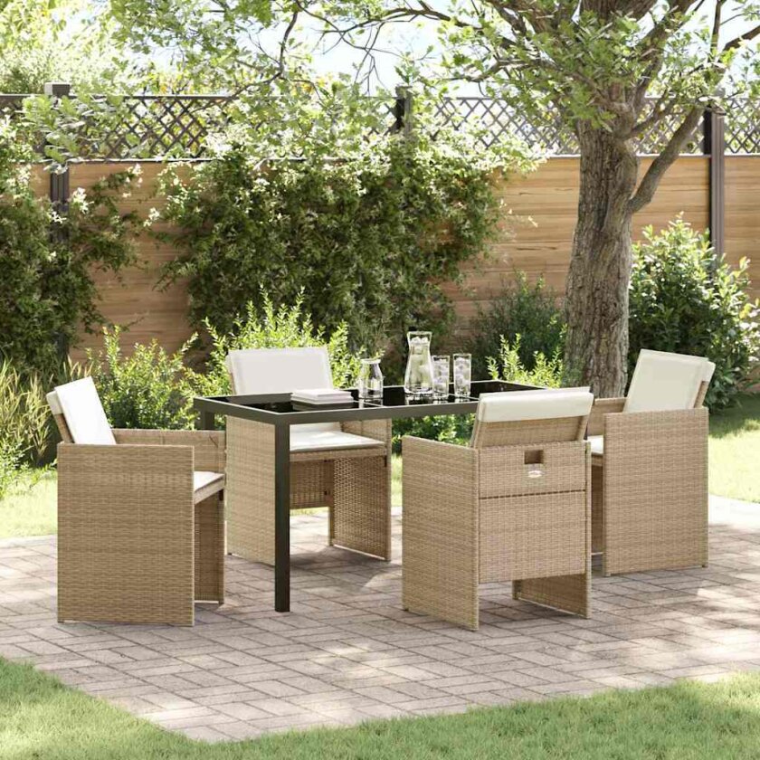 5-delt hage spisesett med puter beige poly rotting