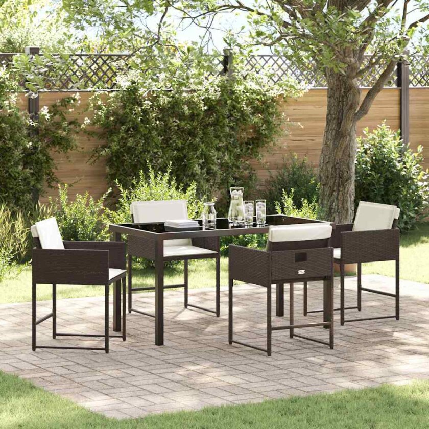 5 Piece Hage Spisebordsett med Puter Brun Poly Rattan