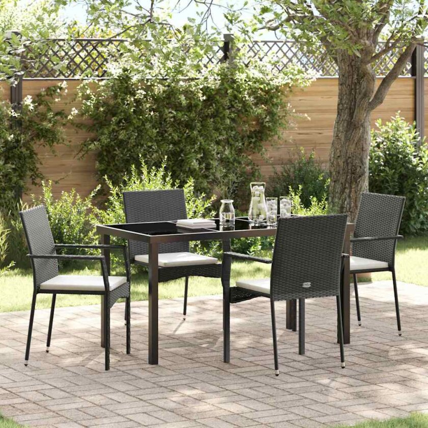 5-delers hage spise sett med puter svart poly rattan