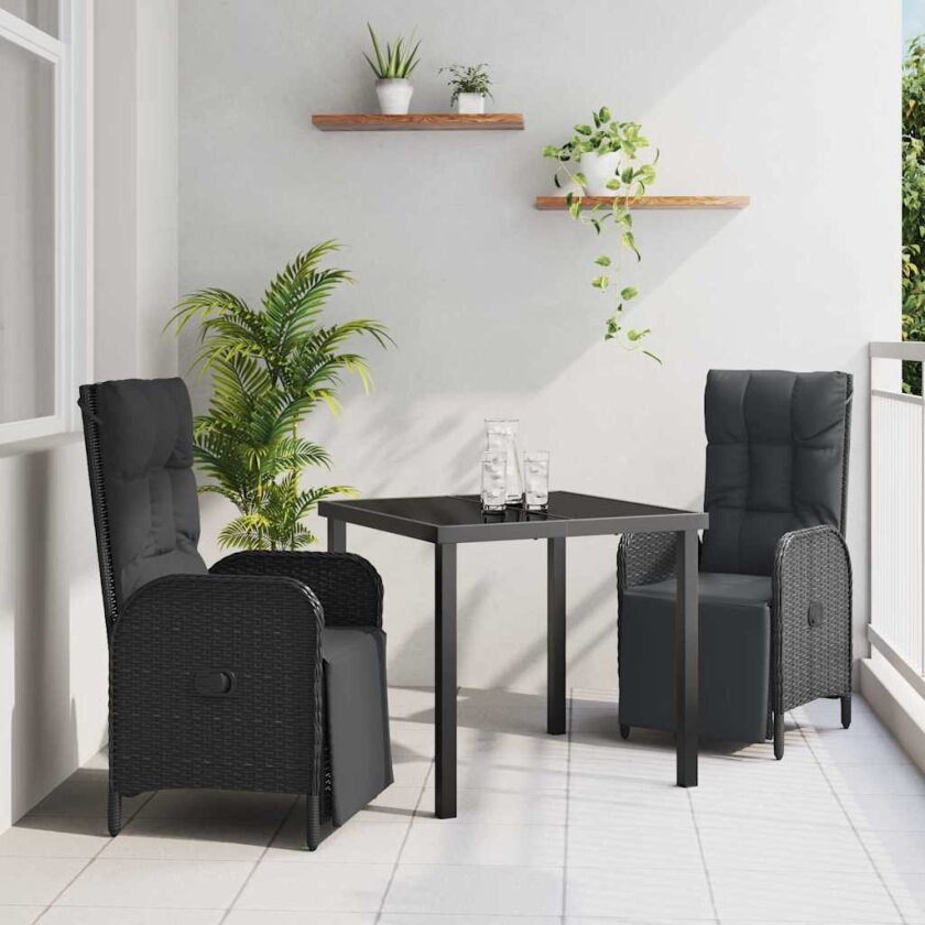 3 Delt Hage Spisestol Set med Puter Svart Poly Rattan