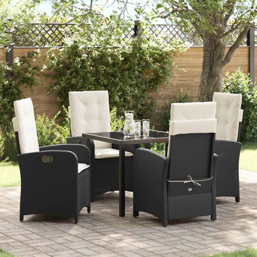 5 Delers Hage Spisesett med Puter Svart Poly Rattan