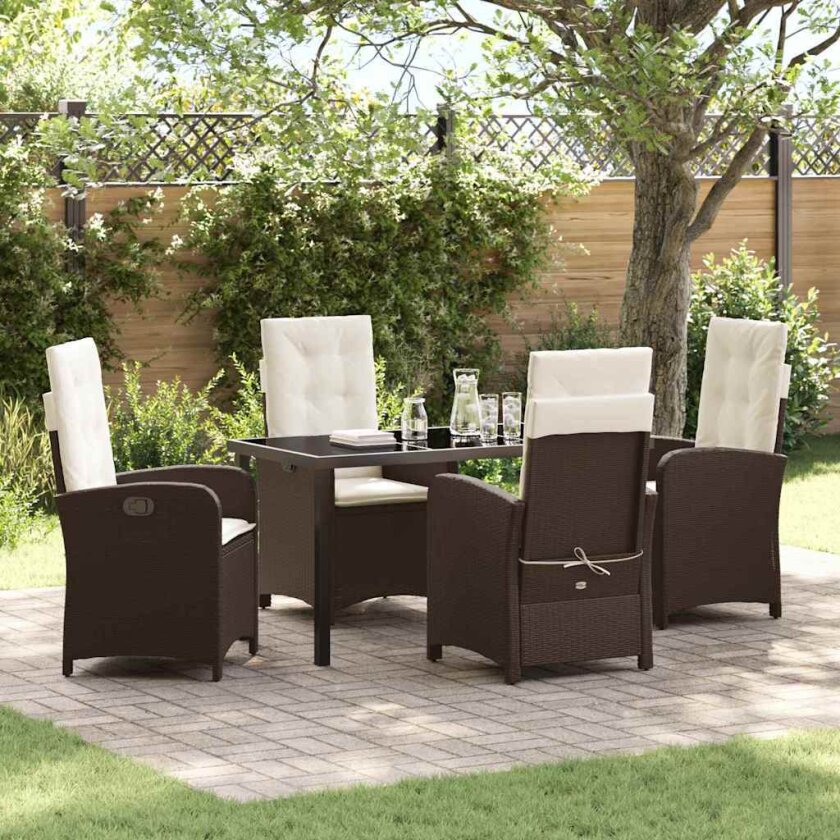 5 Delt Hage Spise Sett med Puter Brun Poly Rattan