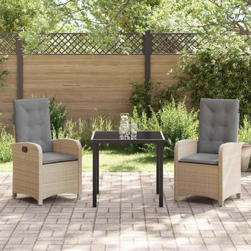 3-delt hage spisebordsett med puter beige poly rattan