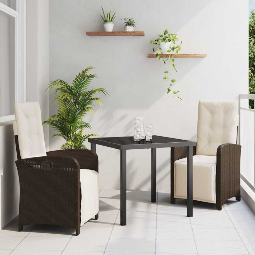 3 Delt Hage Spisestue med Pute Brun Poly Rottning, Hagebord Svart 80x80x73 cm Herdet Glass