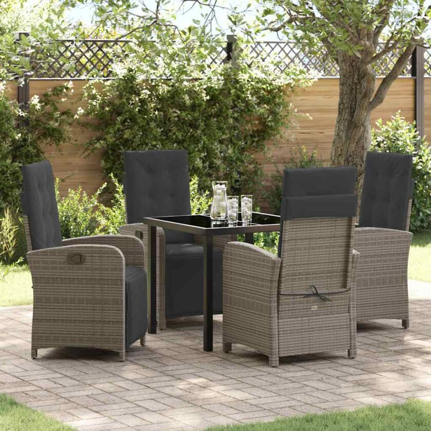 5-Delt Hage Spisestuesett med Puter Grå Poly Rattan, Hagebord Svart 80x80x73 cm Herdet Glass