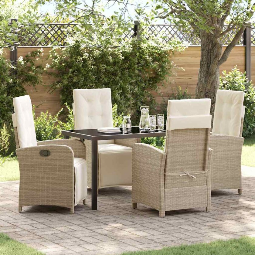 5 Deler Hage Spisebord Set med Puter Beige Poly Rattan, Hage Bord Svart 140x80x73 cm Herdet Glass